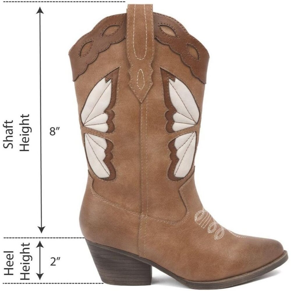 Women's Brown Perforated Leather Design Mid Calf Pointed Toe Block Heel Boot - Picture 2 of 6